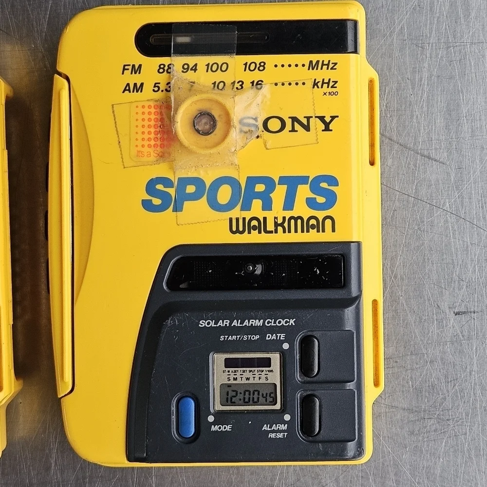 TWO Vintage Sony Yellow Sports Walkman WM-AF58 Radio Cassette Player Solar Alarm
